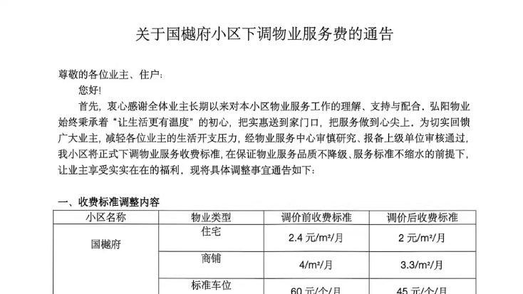 广东一小区主动下调物业费