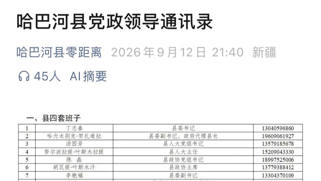 新疆哈巴河县公开202位领导干部手机号