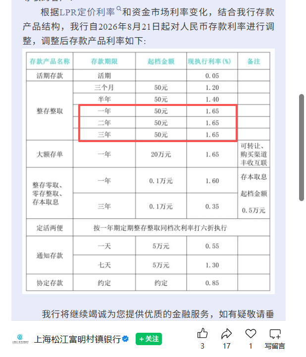 存一年等于存两年等于存三年！银行业内首现定存利率“一条直线”