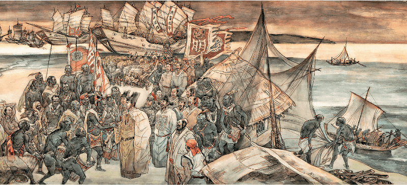 《郑和下西洋》包含了300多个场景、17,000多个人物，以及过千只动物，描绘了船队远达东非30多个国家的艰辛历程。