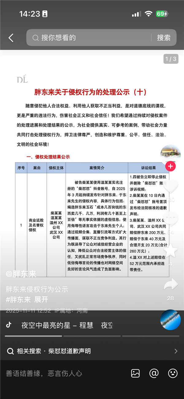 诉讼结果公布！柴怼怼等被判赔偿胖东来200万元 赔偿于东来60万元